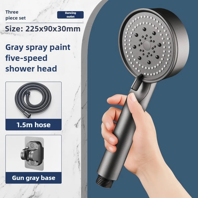 High-Pressure Handheld Shower Head with Stand and Hose - 5 Adjustable Water Flow Modes, Round Plastic Bathroom Accessory