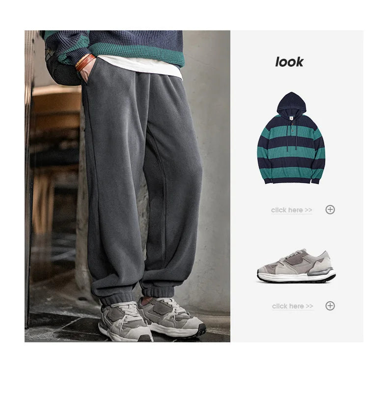 Maden Men's Casual Polar Fleece Cuffed Sweatpants Solid Color Elastic Waist Fleece-lined Pants Warm Sports Straight-leg Trousers