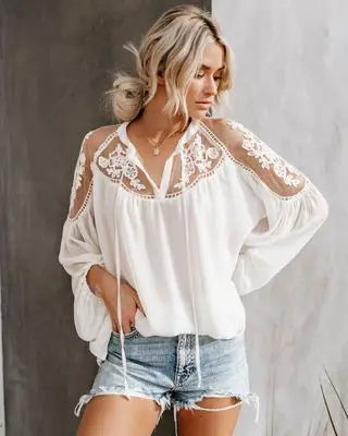 Women's Shirt White Lace Patchwork Loose V-Neck Large Size Sexy Long Sleeve Street Fashion Casual Top Blouses for Female