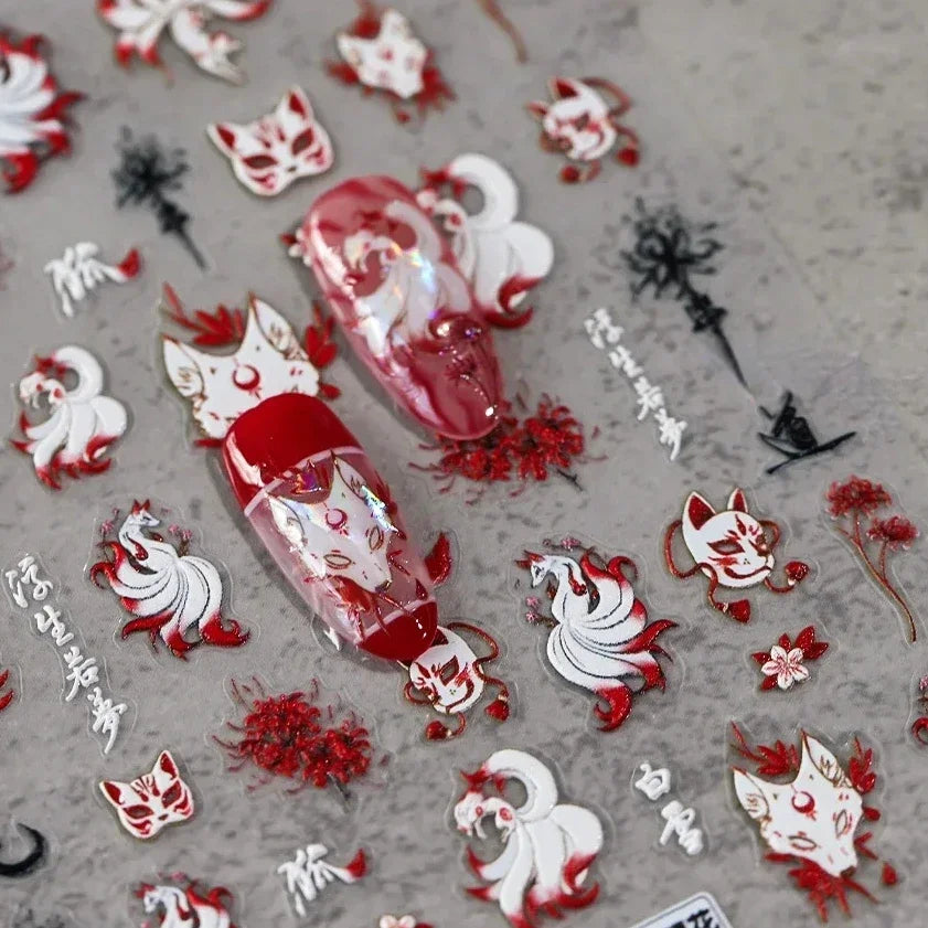 Elegant Chinese Charm Shiny Nine-tailed Fox Mask Red Equinox Flowers Tragedy Love Soft Reliefs Nail Art Stickers Manicure Decals
