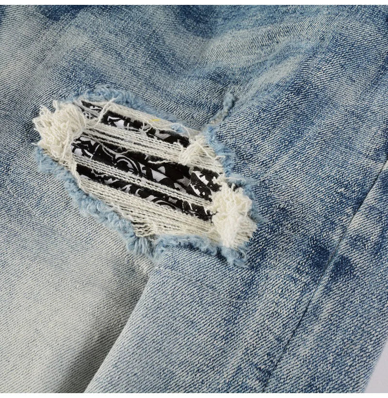 Men Paisley Bandana Print Patch Jeans Streetwear High Stretch Denim Pants Holes Ripped Patchwork Skinny Tapered Trousers