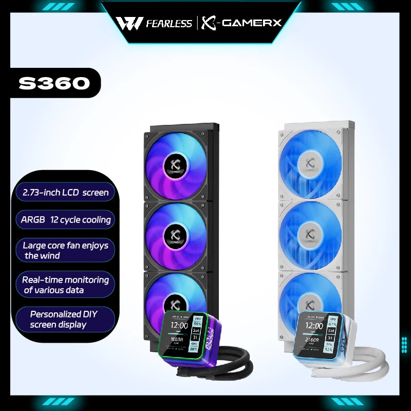 Power Train X-GAMERX S360 ARGB DIY screen display 2.73-inch LCD SCREEN Water Cooling 360mm Radiator 5V-3PIN CPU cooler