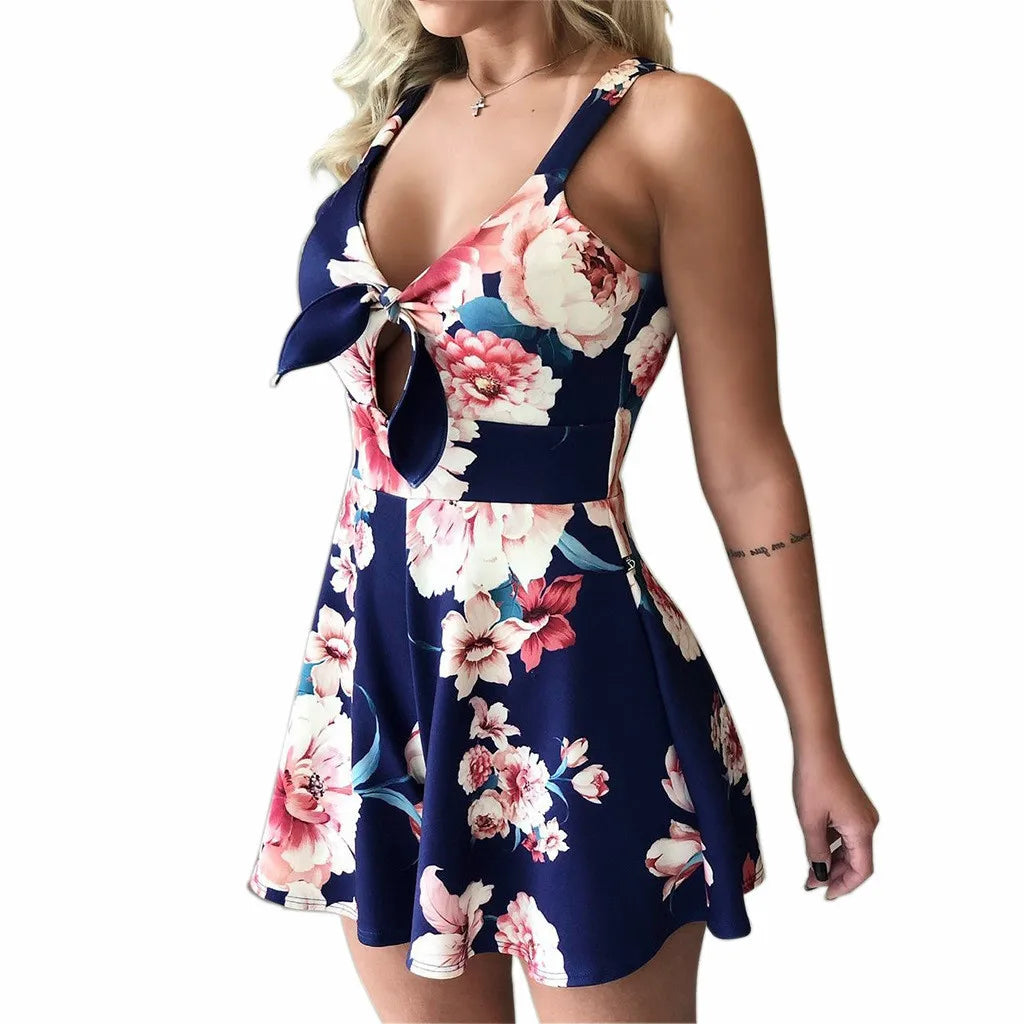 Sexy Spaghetti Strap Flower Print Jumpsuit Women Fashion Bowknot Leace-up Backless Slim Short Jumpsuits Female Trendy Streetwear