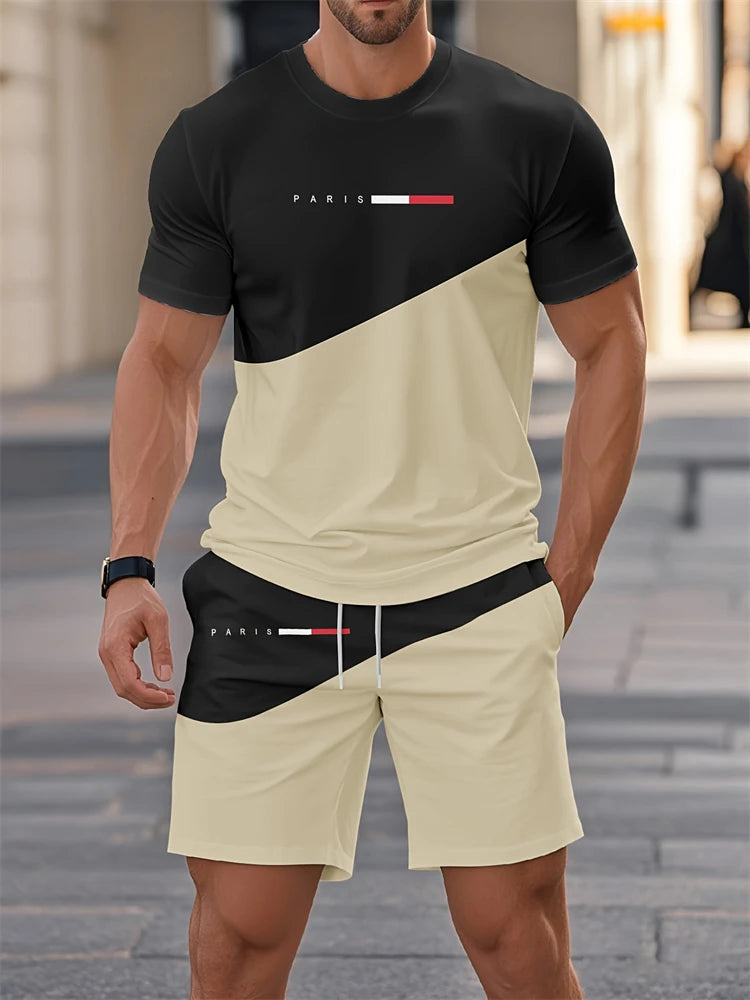 Men's New Summer Suit Fashion Striped Printed Round Neck Short Sleeve Shorts Two-piece Loose Breathable Home Fitness Style