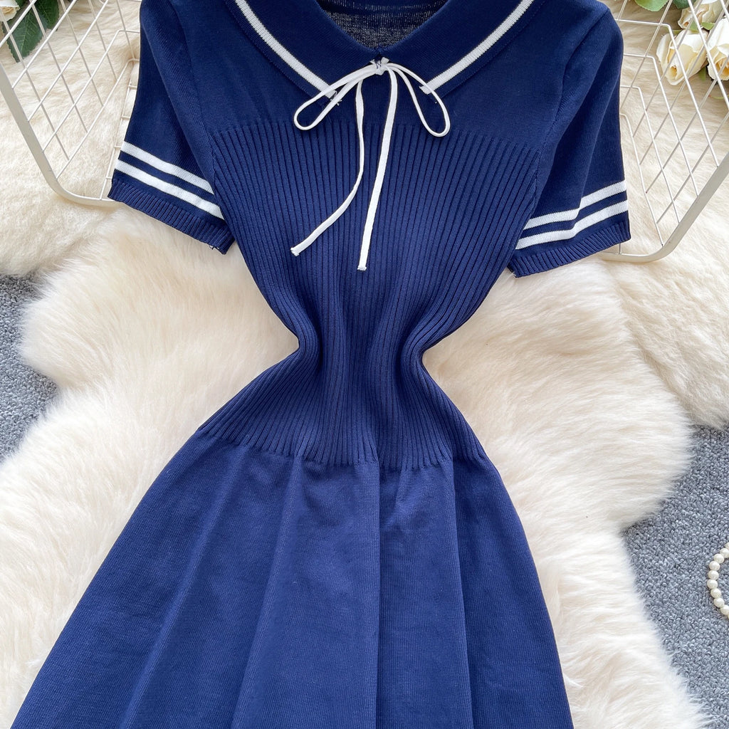 New Summer Women Sailor Collar Short Sleeve Knitted Dress Sundress Bow Lace Up Elatic Bodycon Pencil Vestidos Short Dress