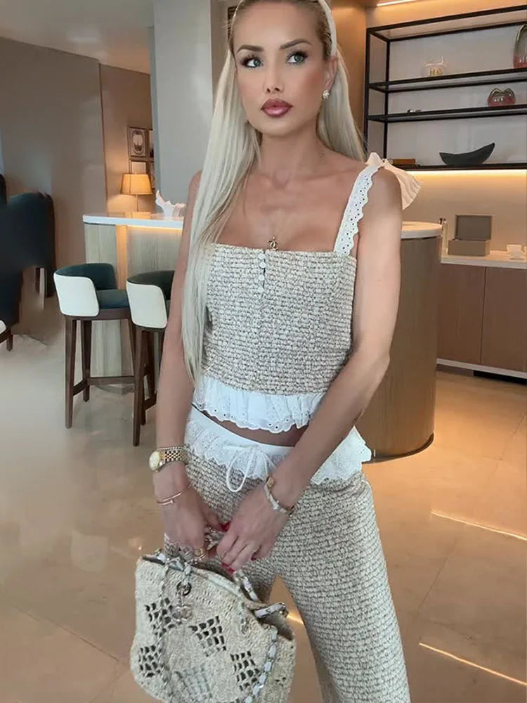 HH 2026 Women Splicing Texture Button Decoration Sleeveless Short Top+Casual Mid Waist Zipper Pants New Fashion 2 Piece Set