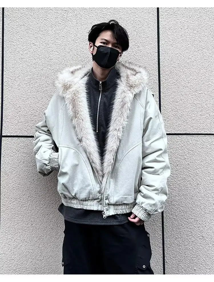 American Retro Lamb Fleece Cotton Jacket Winter Thickened Keep Warm Fur Collar Jacket Zipper Hoodie Loose Coat men clothing