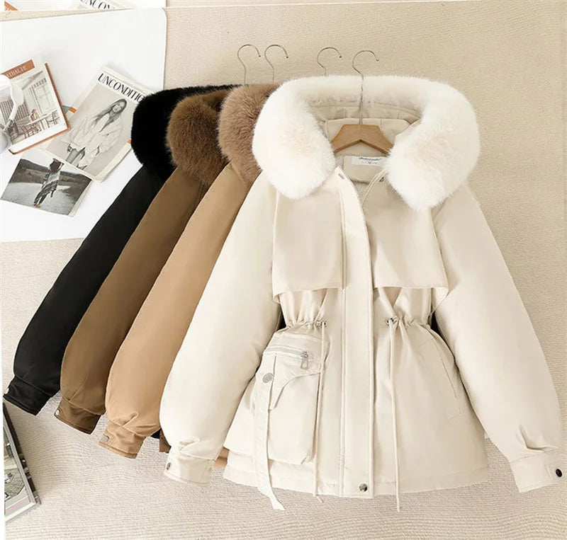 Fleece Lined Hood Down Jacket Winter Coat for Women Warm Drawstring Padded Parkas Korean Casual Streetwear Female Puffer Outwear