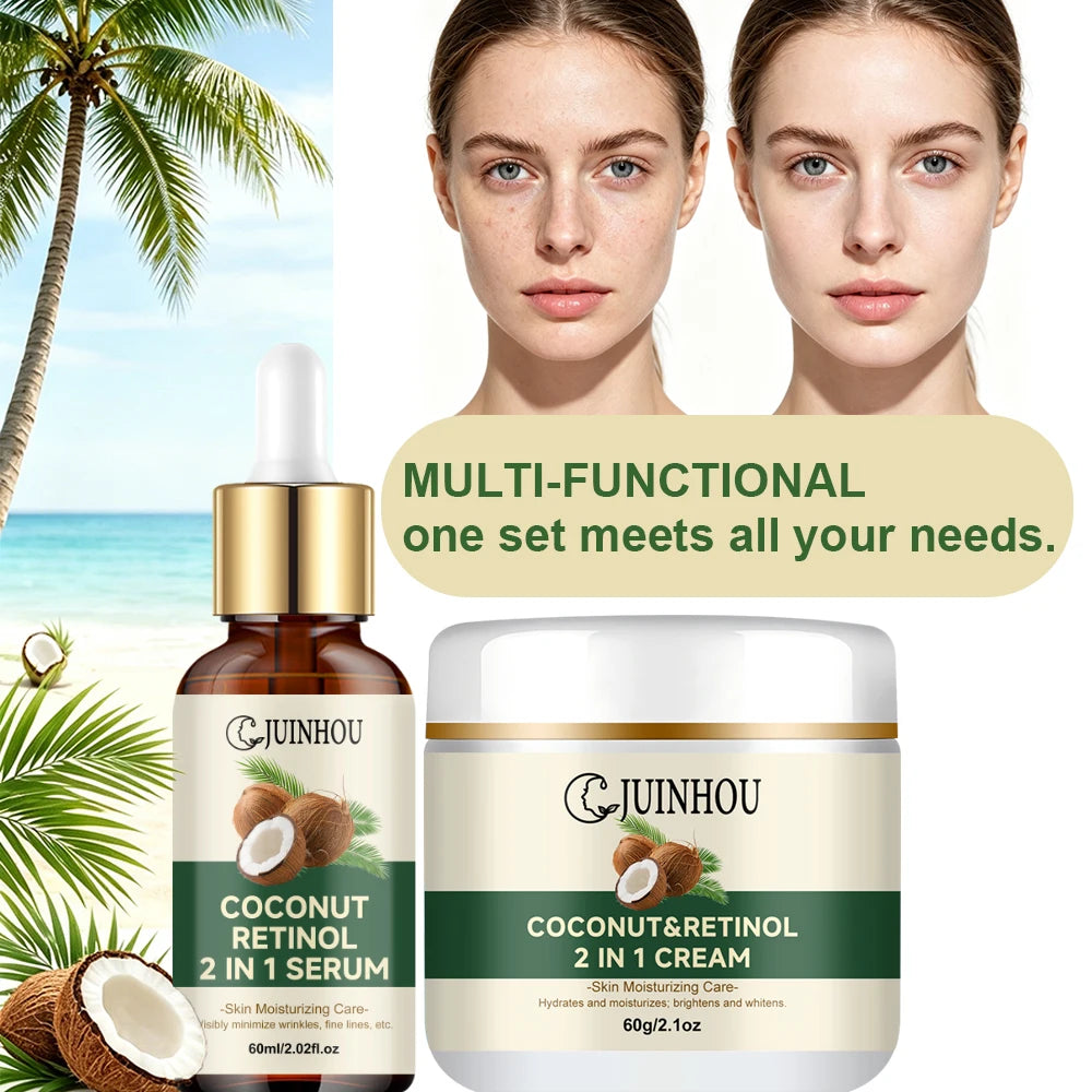 JUINHOU Coconut Oil Moisturizing Set Cream & Serum Controls Oil Hydrates Soothes Sun-Induced Redness Suitable For Daily Skincare