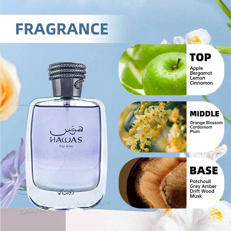 100ml Hawas Perfume for Men Original Rasasi Eau De Parfum Long-Lasting Fragrance Pour Spray Aquatic Scent High Quality Cologne
