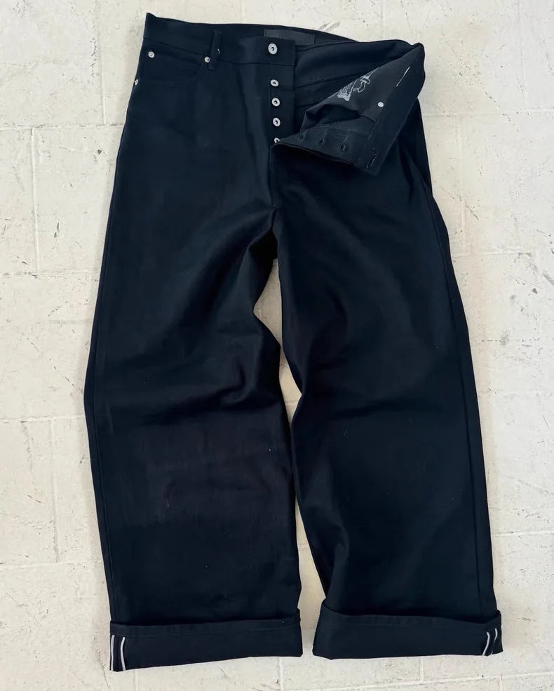 Black Raw Denim Jeans Baggy Pants Japanese Red Edge Raw Selvedge Fabric Straight Leg Men's Casual Trousers