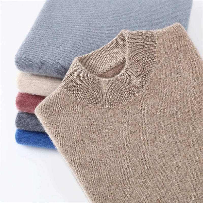 Autumn/Winter Men's 100% Pure Cashmere Pullover Business Casual Solid Knitted Sweater Loose Half High Neck Tops Thick Jumper