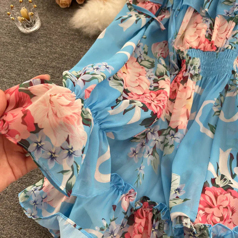 2025 New Retro Summer Beach Vacation Dress Women Sexy Strapless Lantern Sleeve Sweet Floral Jumpsuit Short Chiffon Print Dresses