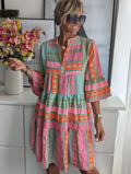 Colorful Boho Tiered Mini Dress with Bell Sleeves, V-Neck Geometric Embroidered Dress, Summer Beach Casual Dress