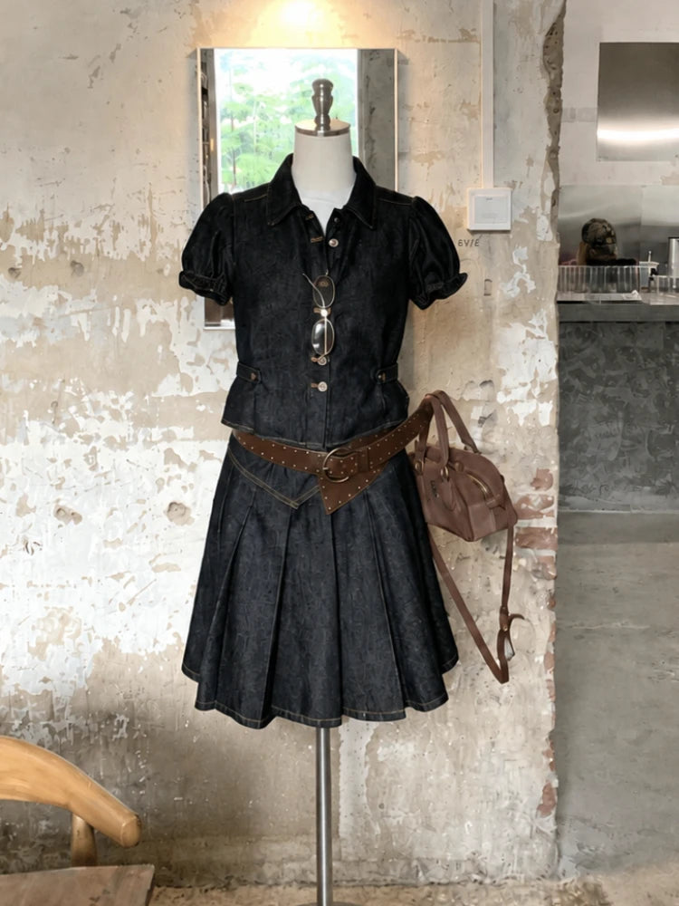 Retro Korean Style Women 2 Piece Denim Suits Y2K Denim Jacket + Mini Skirt Casual Street Outfits Fashion Jean Two‑Piece Sets