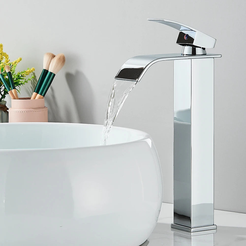 Stainless Steel Waterfall Basin Faucet Kitchen Faucet Sink Mixer Hot Cold Water Basin Crane Tap For Bathroom Wash Mixer Tap Mat