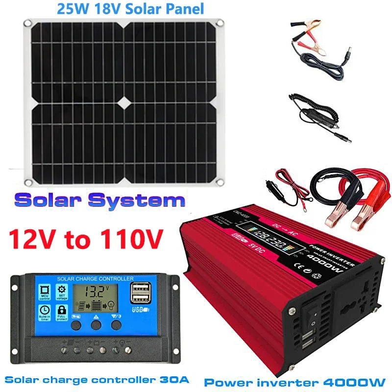 12V to 110V/220V Solar Power System 25W Solar Panel 30A Charge Controller 4000W Modified Sine Wave Inverter Power Generation Kit