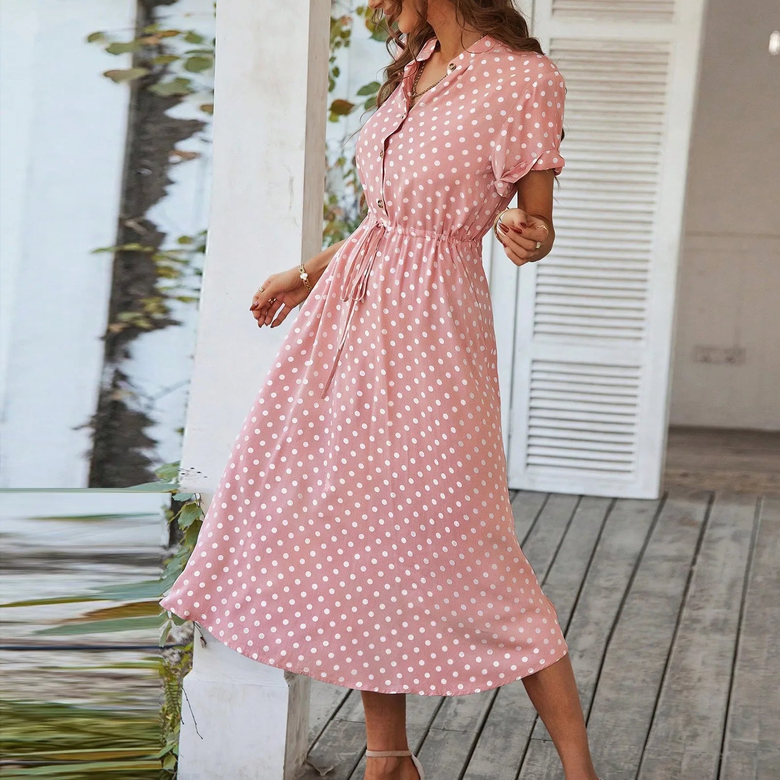 Elegant retro polka dot dress Women's Summer Midi Dress V Neck Single Breasted Short Sleeve Dresses Fashion Print Dress