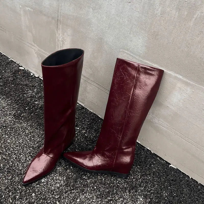 QUTAA 2025 News Women Knee High Boots Leather Wedge Heels Autumn Shoes Pointed Toe Woman Winter Party Lady Long Boots Size 34-40