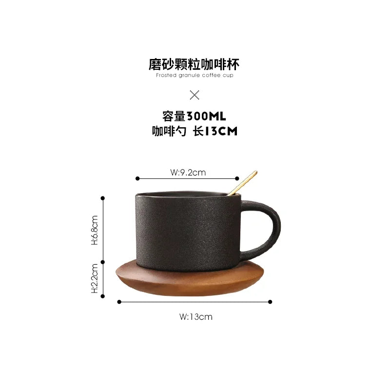 Nordic Black Ceramic Coffee Tea Cup creative coffee shop cups Frosted Porcelain Matte Mug Wood Saucer with Gold Steel Spoon mugs