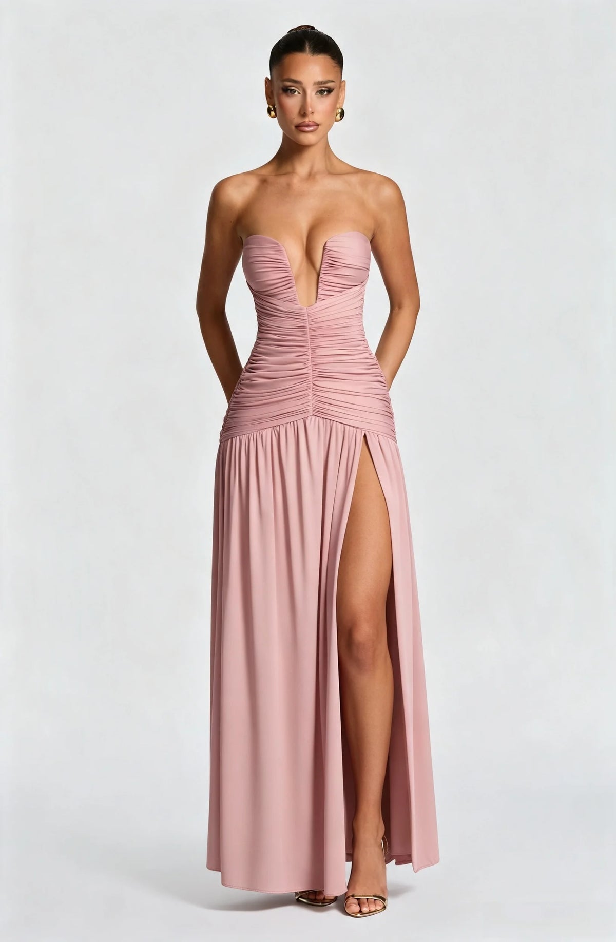Strapless Deep V Ruched Maxi Dress High Split Formal Evening Gown Women Wedding Guest Party Long Dresses