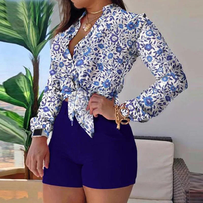 Women's Shorts Suit Summer Fashion Sexy V Neck Long Sleeve Shirts Slim Wear A Belt Elegant Female Blouse Office Two Piece Set