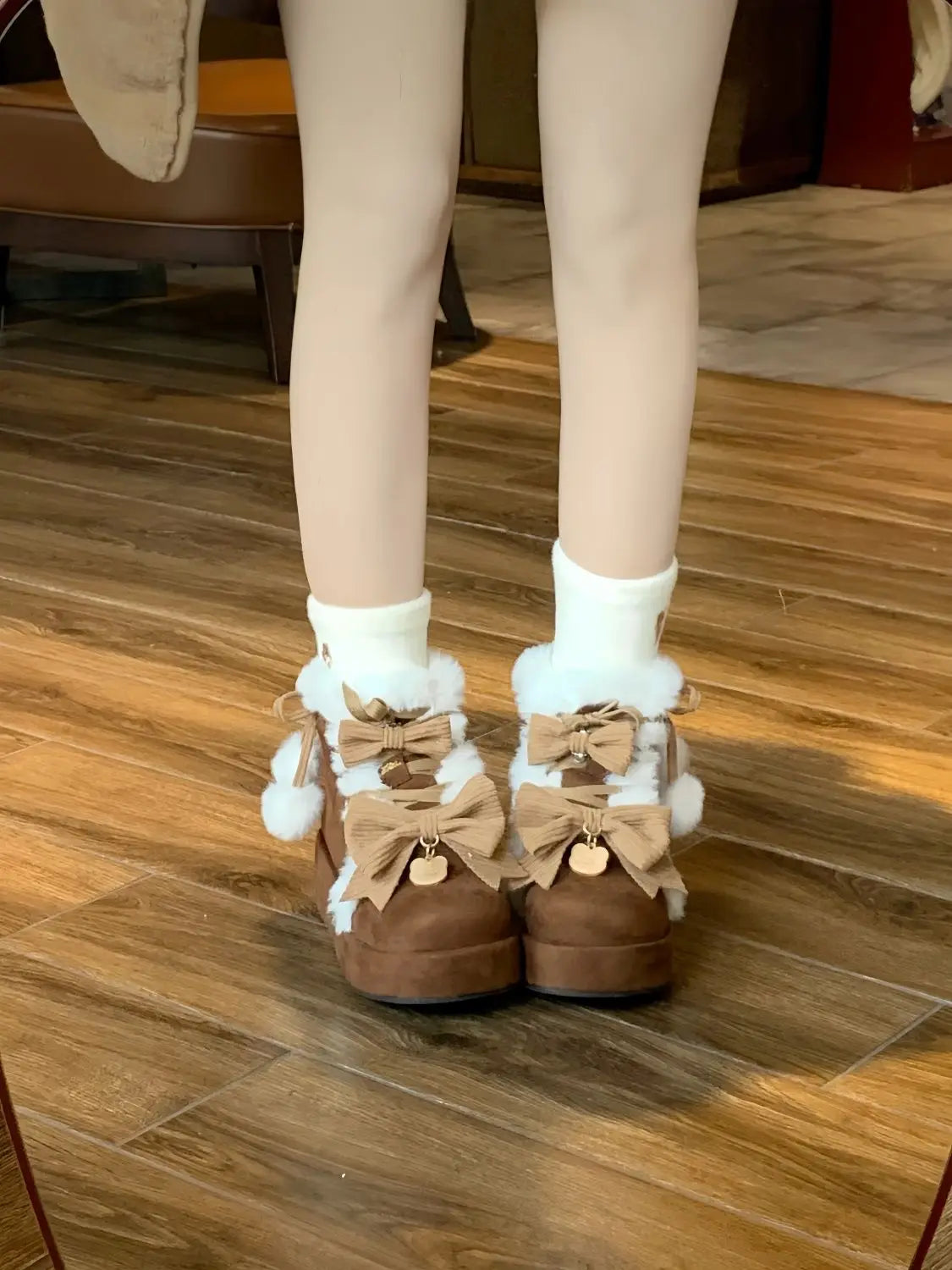 Sweet Girls Lolita Winter Snow Boots,Students Cute Plush Warm Bowknots PU Leather Lace Up Heightening Platform Shoes