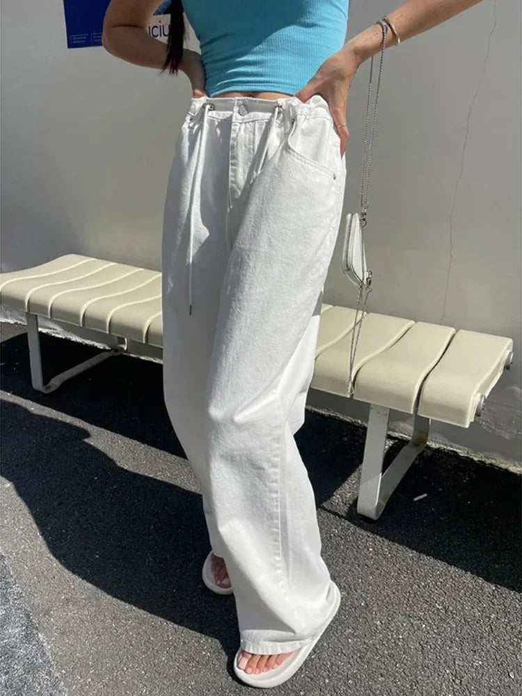 Retro High-waisted Women's Straight Jeans Summer New Fashion Loose Drawstring Design