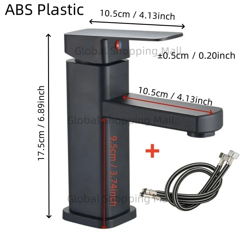 Bathroom Faucet Single Hole Single Handel Hot and Cold Water Mixer Tap Deck Mounted in Black and Chrome Square Basin TapBathroom