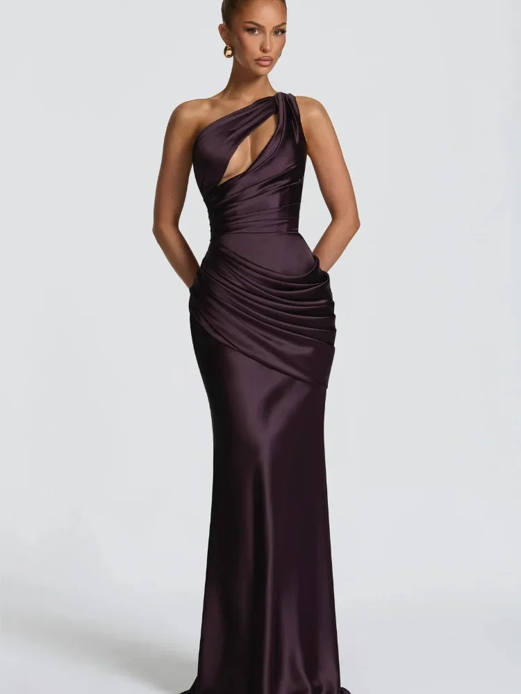Women Satin One Shoulder Cutout Maxi Dress Elegant Green Ruched Mermaid Slim Fit Flowy Vestido 2026 Lady Summer Evening Dresses