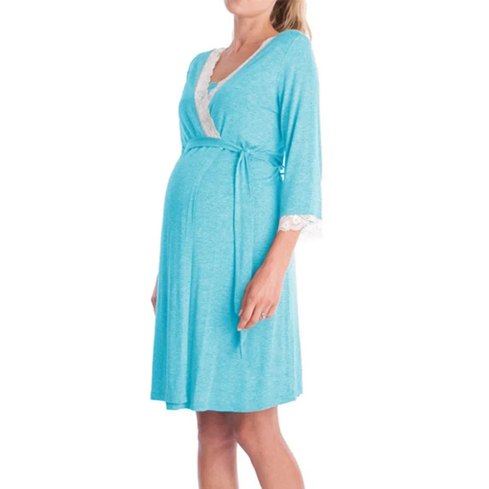 Fashion Lace Three-quarter Sleeve Maternity Nightdress Loose Bathrobe Pregnant Women Nightgown