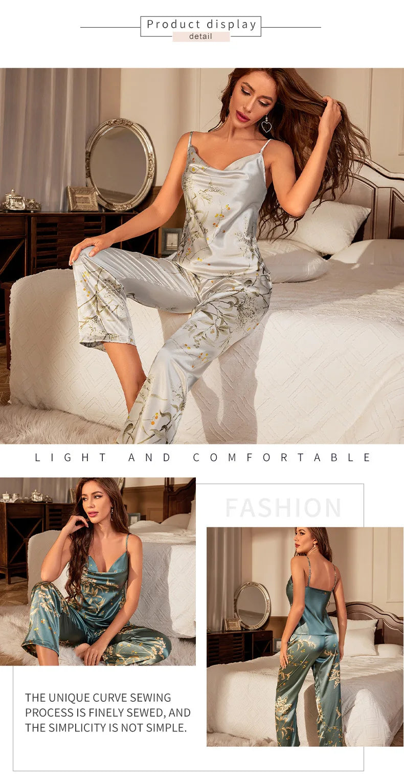 Sexy Suspender Pajamas Set Summer Women Satin Sleepwear Trouser Suits Print Flower Pyjama Pour Femme Loose Home Wear Pijamas
