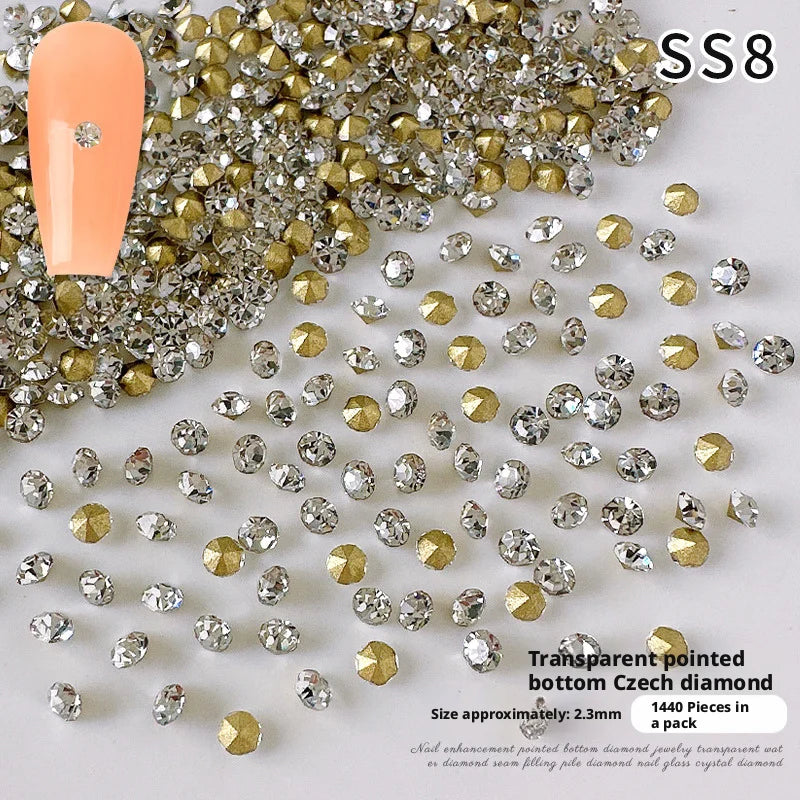 YYM 1440PCS Glitter AB Clear Nail Rhinestones Pointed Bottom Round Glass Crystal Nail Diamond Gems Nail Art Decor Accessories