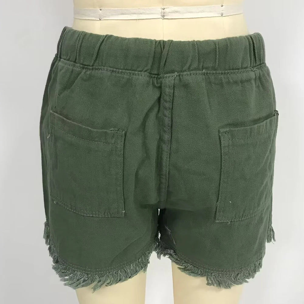 Women’s Denim Shorts Drawstring Elastic Waist Frayed Hem Short Pants Summer Casual Vintage Hottie Girls Loose Jeans with Pockets