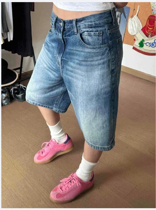 Women Denim Shorts Classic Denim Shorts Women's High Waisted  Jean Shorts Wide Leg Baggy Denim Jorts with Pockets Knee