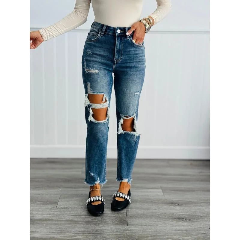 Women's Denim Pants with Mid Waist Washed and Polished White Distressed Pockets, Spring and Summer Temperament, Cropped Shorts