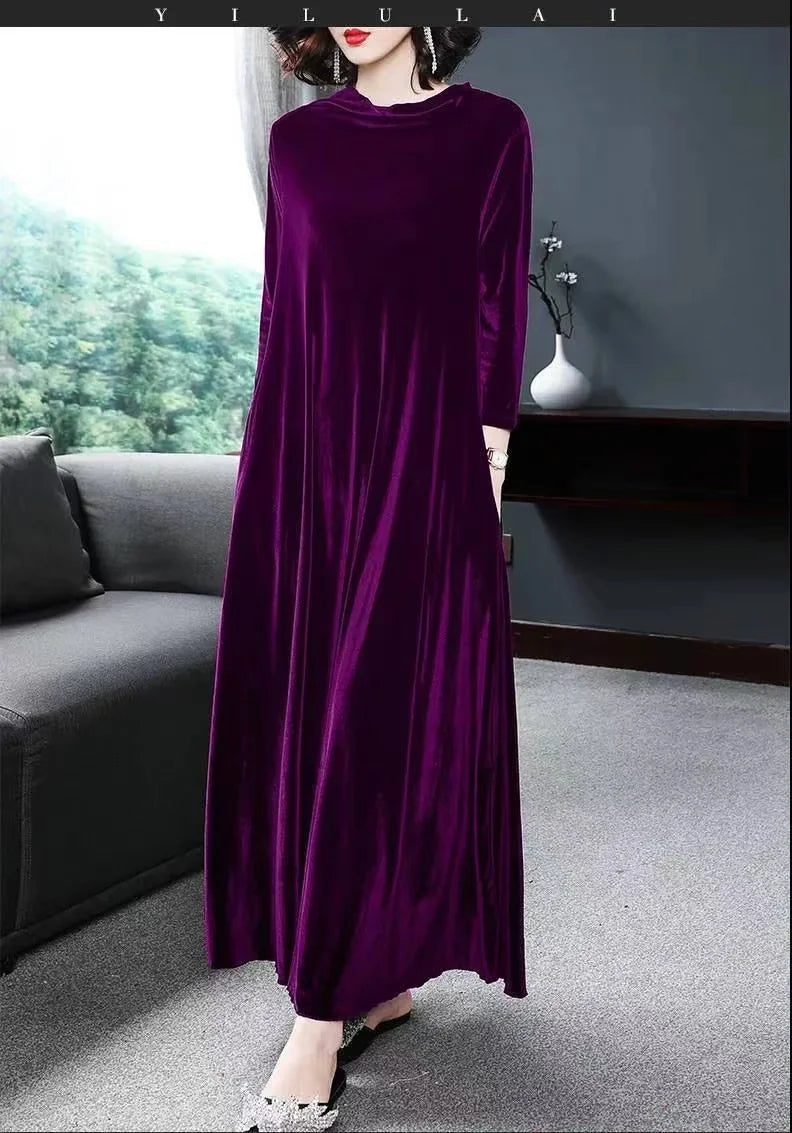 Elegant Velvet Long Sleeve Midi Dress for Women Spring Autumn New Style Casual High Waist A-Line Skirt Fashionable Dress
