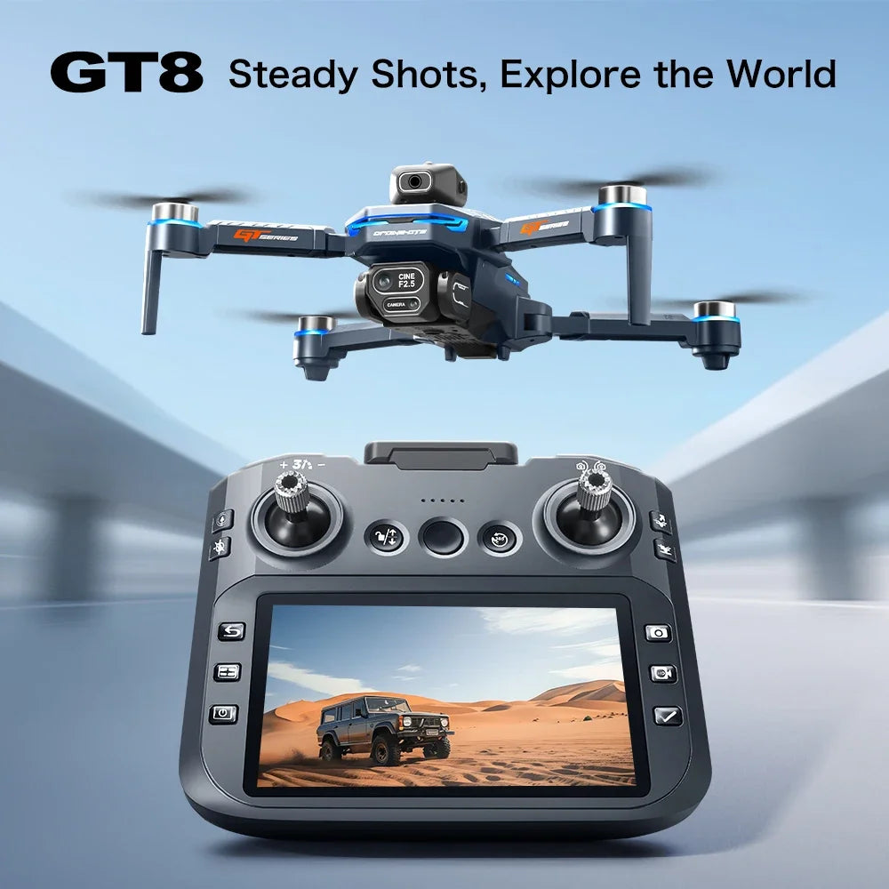 Original GT8 Drone 8K HD Three-camera Aerial Photography Wifi FPV RC with screen Brushless Motor Folding Quadcopter Dron Toys
