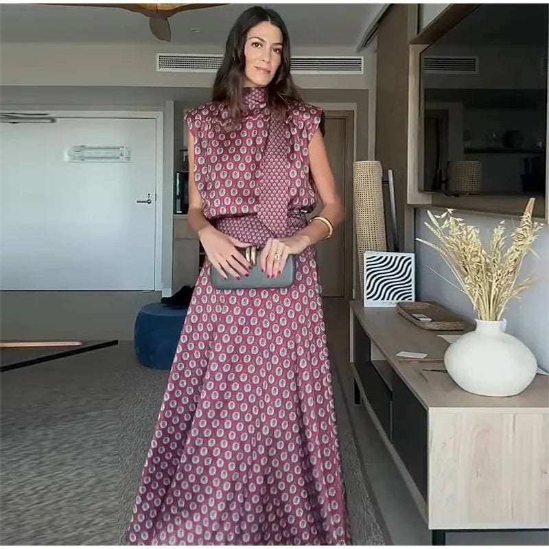 Elegant Printed Women's Vest Skirts Suit Sleeveless Top A-Line Long Skirts Lady Set 2026 Summer Autumn 2 Pieces Set Women