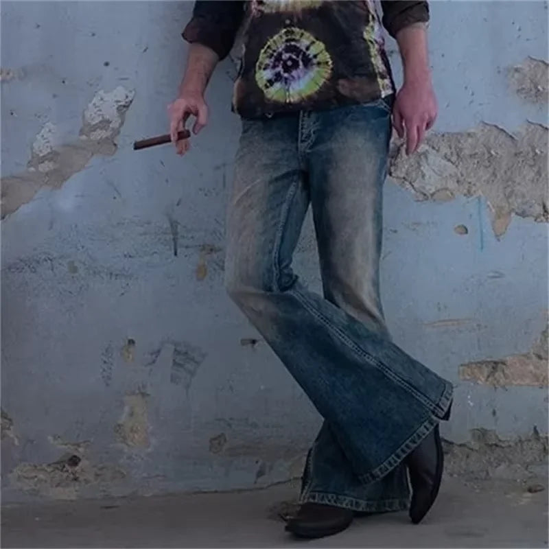Vintage Men's Big Flared Jeans Male Youth Four Seasons Casual Deep Blue Denim Pants 2023 Fashion High Waist Trousers Streetwear