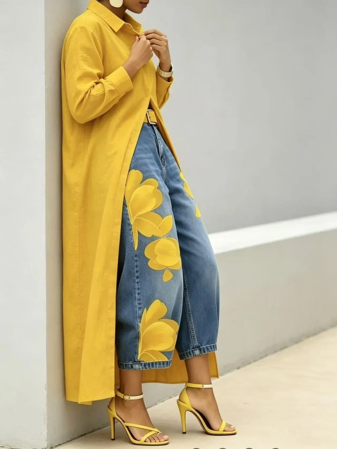2026 New Fashion Floral Print Wide Leg Jeans Casual Cotton Denim High Waist Nine-Pants Trendy Plus Size Trousers High Street