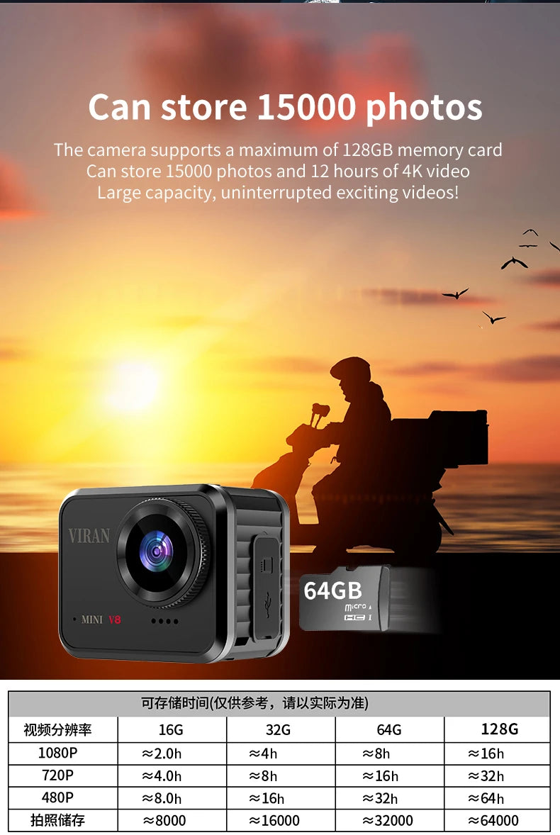 Mini HD Action Camera with 1.54 Inch Screen Long Battery Life Portable for Cycling Outdoor Recording Includes 128GB Memory Card