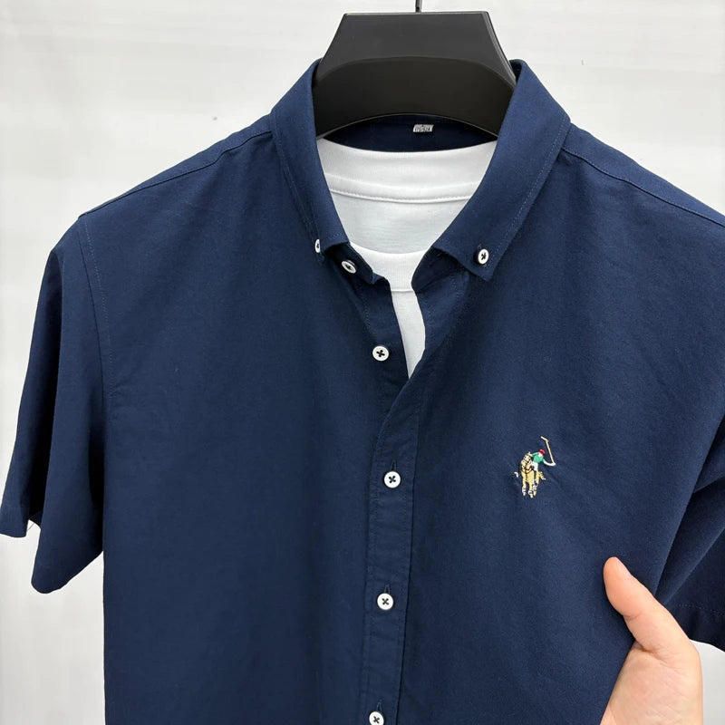 Short Sleeved Shirt Men's Summer New Item Pure Cotton High-end Brand Little Horse Logo Embroidered Casual Shirt