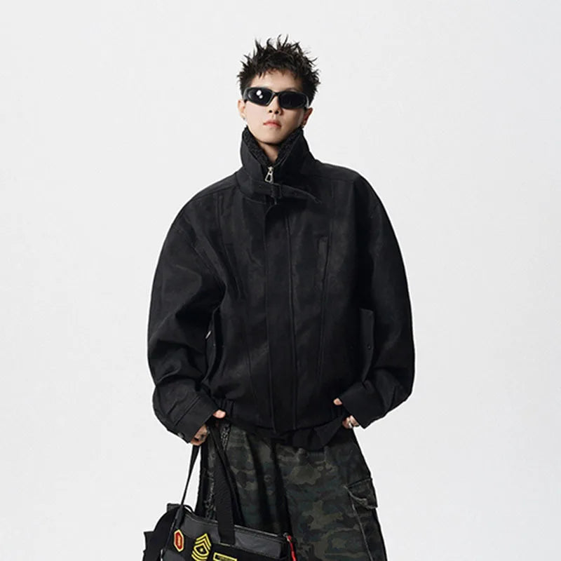 WTHT Fashion Men‘s Plush Spliced Thicken Design Loose Coats Trendy 2025 Autumn Solid Color Laple Casual Jackets Male 2A2218