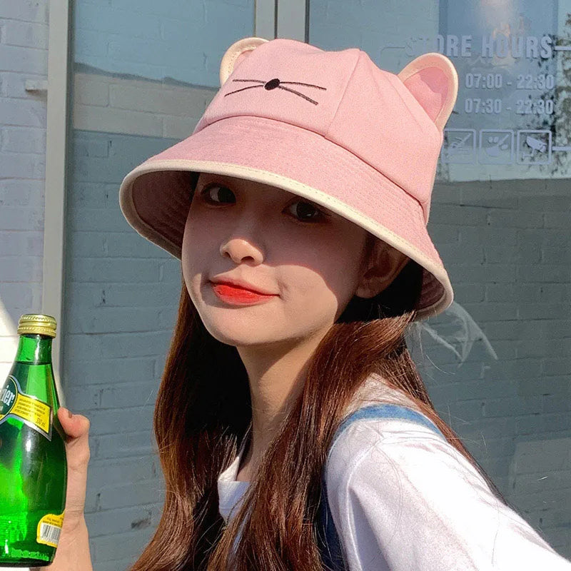 Korean Cartoon Cat Ears Women Bucket Hat Spring Summer Kawaii Beach Tour Sun Visor Hats Wide Brim Y2K Cotton Panama Cap