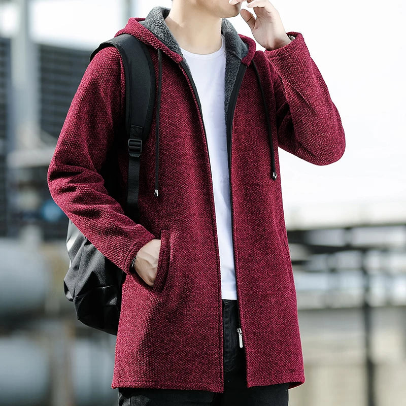 Mens Long Knit Cardigan Autumn Winter Sweater Coat Fleece Heavy Hooded Trench Coat Solid Chenille Men's Fashion Jacket