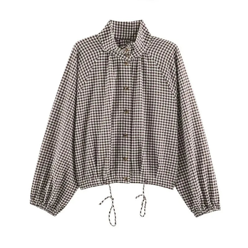 Women's Plaid Jacket, Vintage Gingham Check Coat, Stand Collar Long Sleeve Button Up Outerwear, Loose Casual Autumn Windbreaker