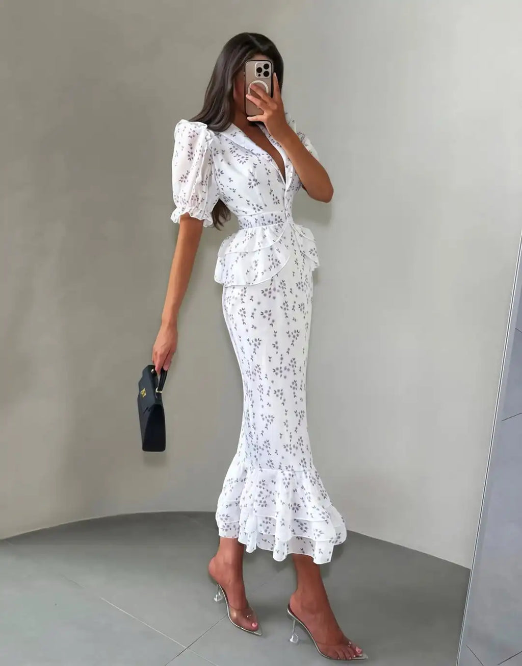 Organza Floral Printed Maxi Dress Women V Neck High Split Puff Sleeve Waist Cinching Ruffle Long Dresses Vacation Summer Outfits