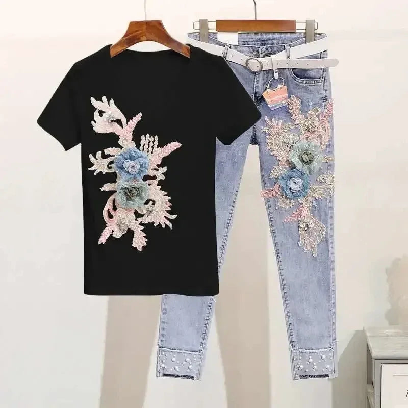 Two-Piece Suit 2025 Summer New Women Denim Pants Beading Embroidery Tshirt Tops+ High Waist Hole Jeans Female Casual Outfits
