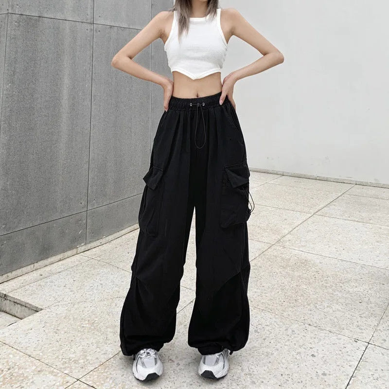 Women Streetwear Cargo Pants Elastic Waist Multi Pocket Loose Wide Leg Vintage Drawstring Casual Trousers